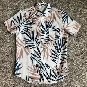 Short Sleeve Palm-Print Shirt in White, Navy & Beige